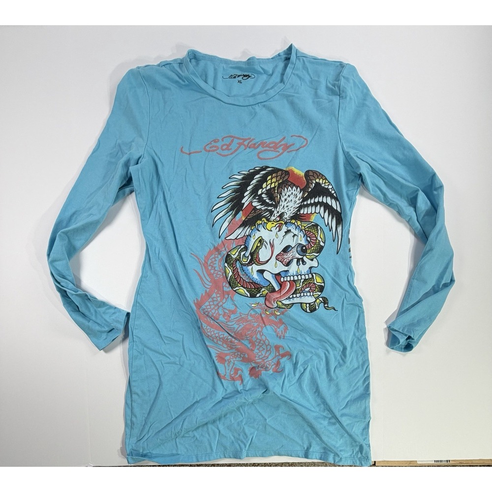 Ed Hardy Blue Long Sleeve T Shirt Skull Eagle Dragon Graphic XL